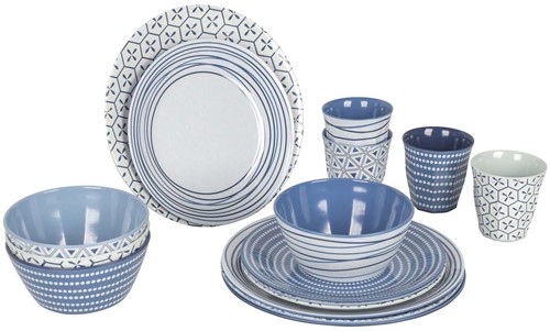 Bo-Camp Tableware - Mix & Match - 16 Pieces - Blue/White